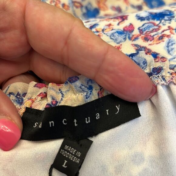 Sanctuary red white blue floral long split sleeve blouse Size L New - Picture 9 of 11